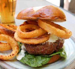 TEC Grills Burgers - Buffalo Bison Burgers with Onions Rings and Blue Cheese Dressing